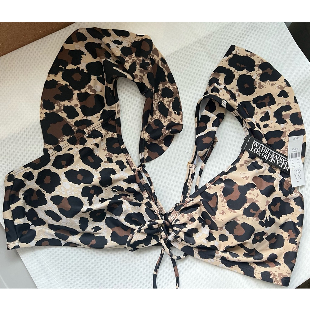 NWT NY&C Leopard flutter sleeve bikini swim top size XL